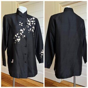 90s silk Japanese style blouse with cherry blossom embroidery
